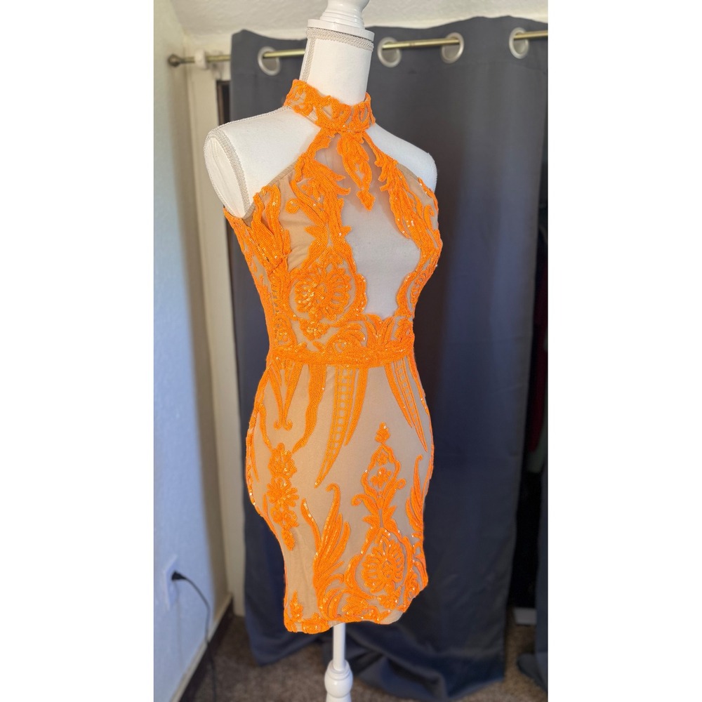 Neon Orange Sequin Mesh Halter Mini Dress Keyhole Cutout Bodycon Size Small
